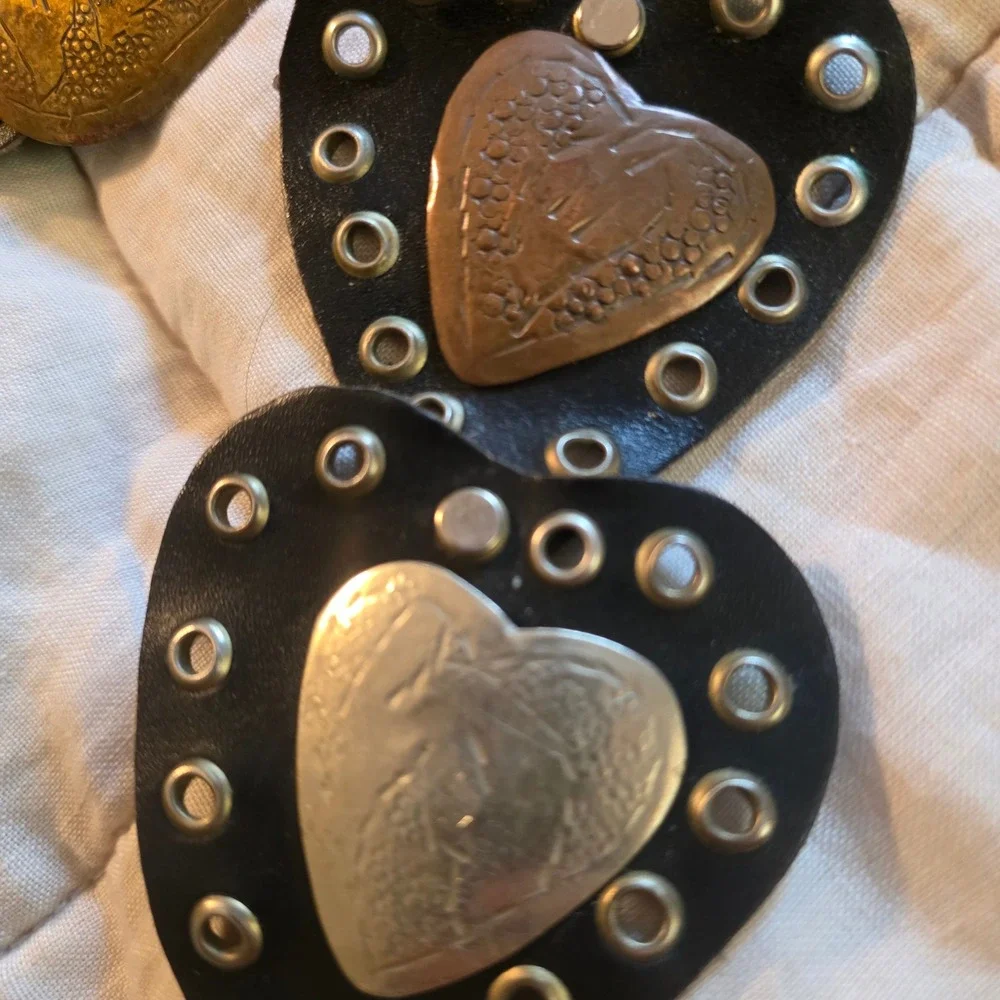 Vintage Heart Link Belt Womens Black Leather Mixed Metal Patina Made in Morocco